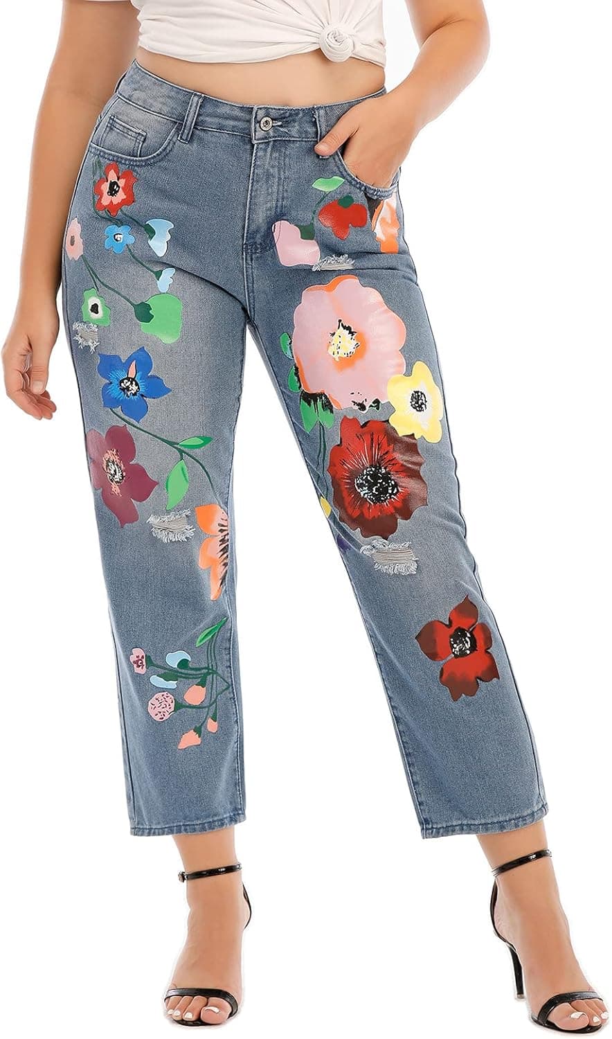 Newbrand Women’s Plus Size Ripped Boyfriend Jean Distressed Denim Mom Jeans Regular Fit