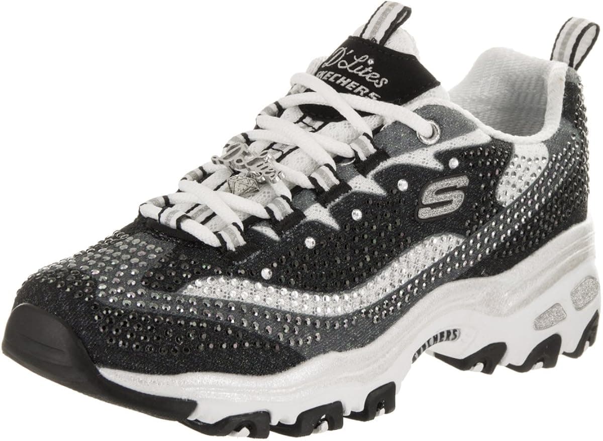 Skechers Women's D'Lites Diamonds are Forever Sneaker,Black/White,US 7.5 M