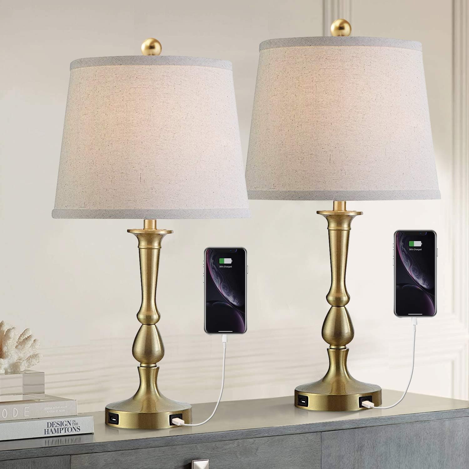 Modern Table Lamp Set of 2, USB Table Lamps with Beige Drum Shade, 22” Metal Bedside Nightstand Lamps for Bedroom, Living Room, Brass Finish