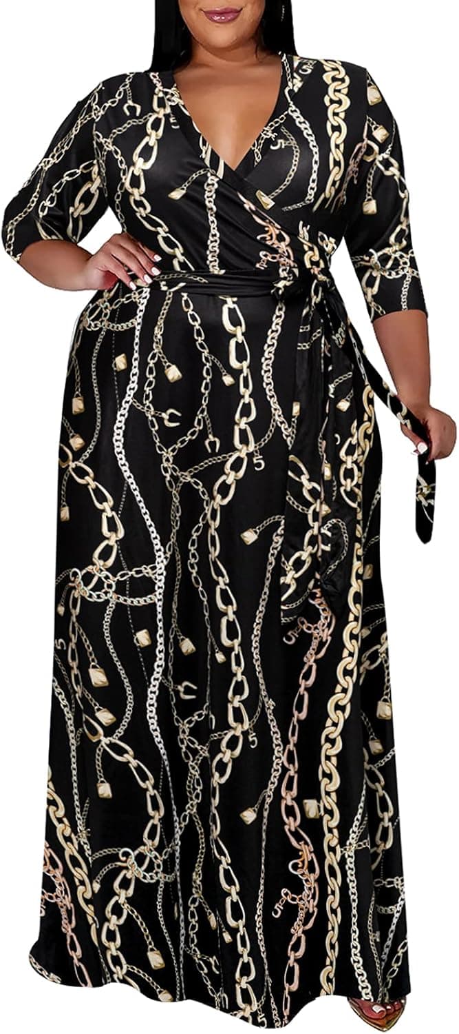 Runwind Plus Size Dresses for Women Floral Maxi Dress Flowy 3/4 Sleeve with Belt
