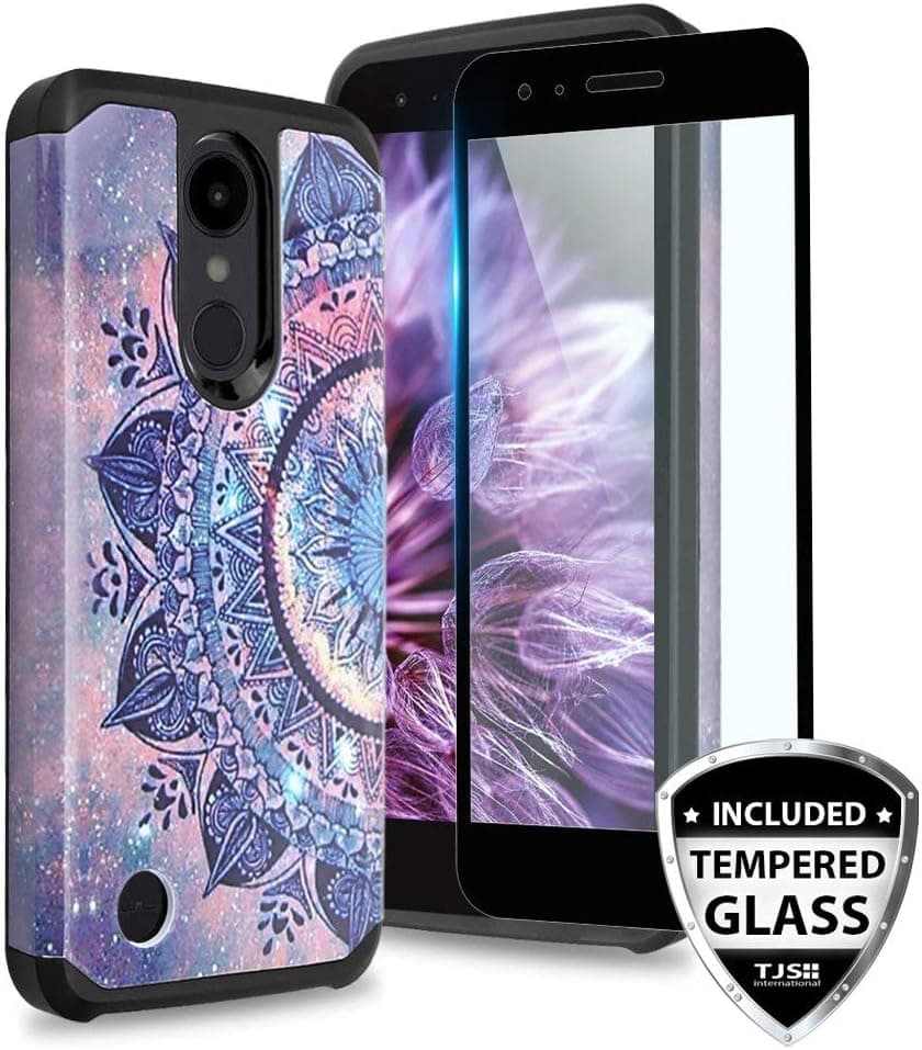 TJS LG ARISTO 2 X210 / LG Tribute Dynasty / LG REBEL 3 LTE / LG Zone 4 Case, With [Full Coverage Tempered Glass Screen Protector] Slim Hybrid Shockproof Rugged Phone Case Armor Cover (Mandala)