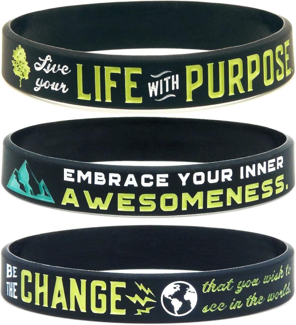 Inkstone (6-Pack) Positive Awareness Wristbands - Be The Change, Embrace Your Awesomeness, & Live with Purpose