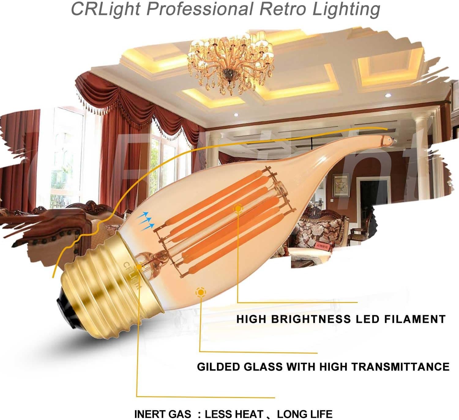 CRLight LED Chandelier Bulb 6W 2700K Warm White 600LM, 60W Equivalent E26 Medium Base Dimmable LED Candle Bulbs, C35 Gilded Glass Flame Shape Bent Tip, 360 Degree Beam Angle