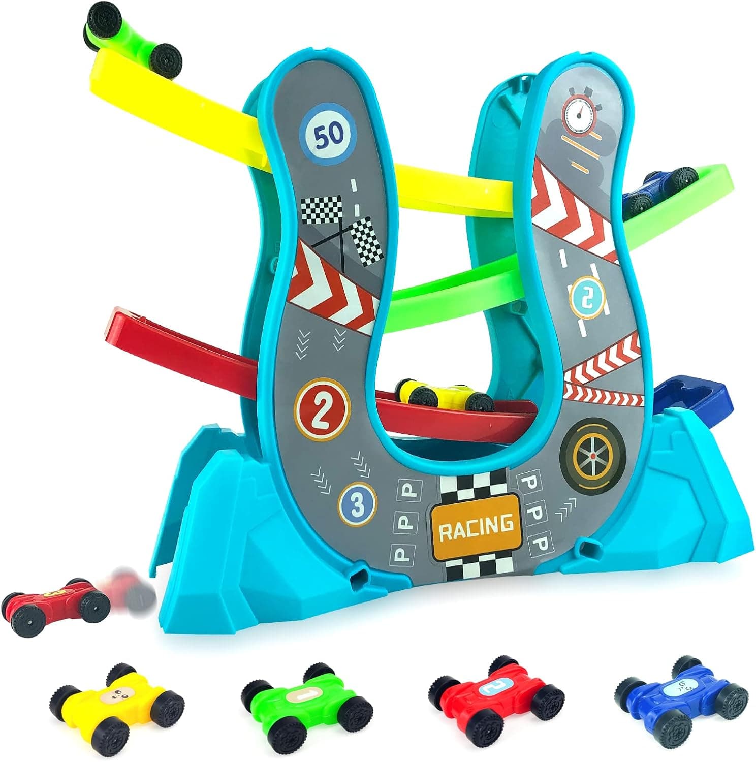 Toys Car Ramp Racer Toy Vehicle Track Set for Toddler 1 2 3 Year Old Boys Girls Gifts,Garage Playset with 4 Mini Racers & Building Parking Lot, Green