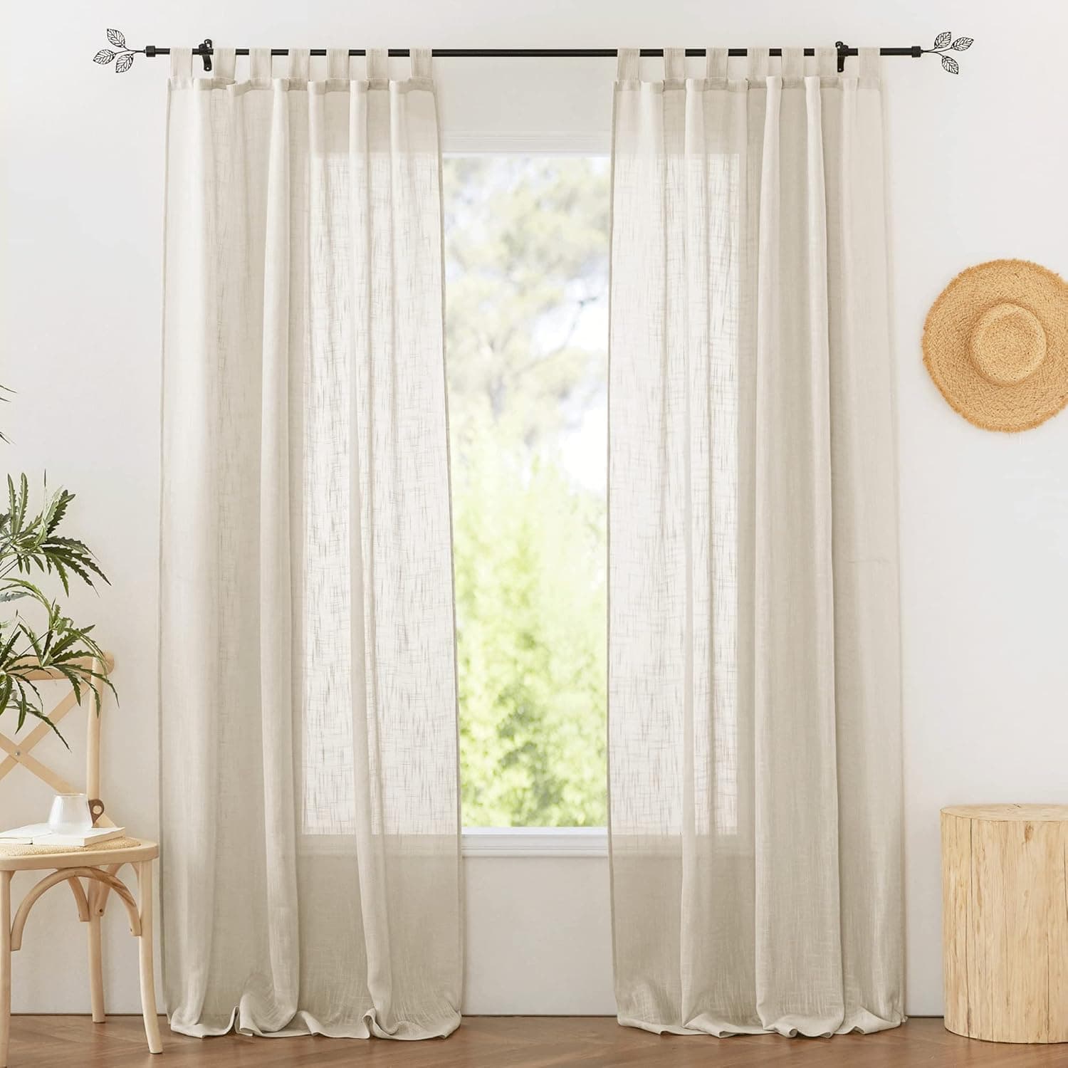 RYB HOME Sheer Curtains 96 inches Long, Linen Textured Semi Sheer Farmhouse Curtains Sunlight Filtering Airy Window Treatment for Bedroom Living Room, W 52 x L 96 inch, 2 Panels, Warm Beige