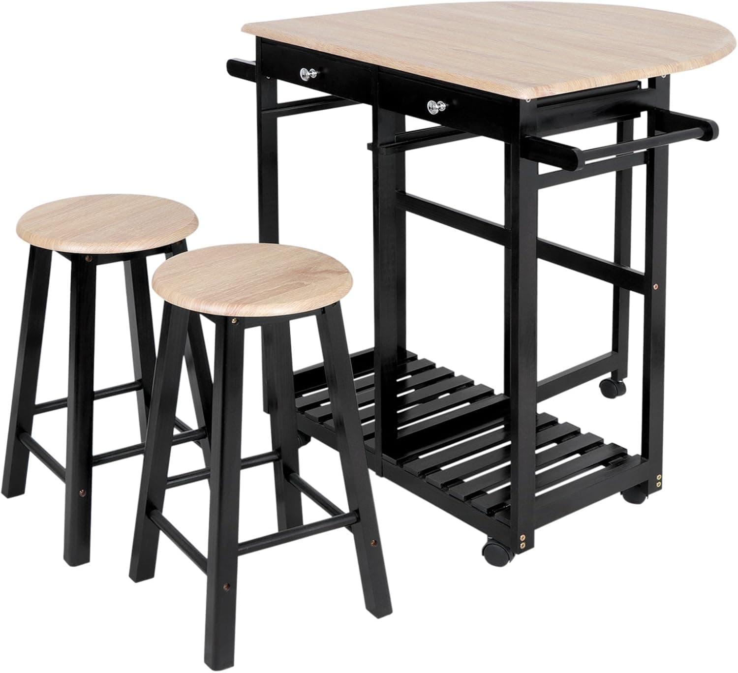 ZenChef 3-Piece Rolling Kitchen Island Trolley Cart Set Breakfast Bar Cart Drop-Leaf Folding Table w/2 Stools and 2 Drawers, Enjoy Indoor & Outdoor Dining at Anytime