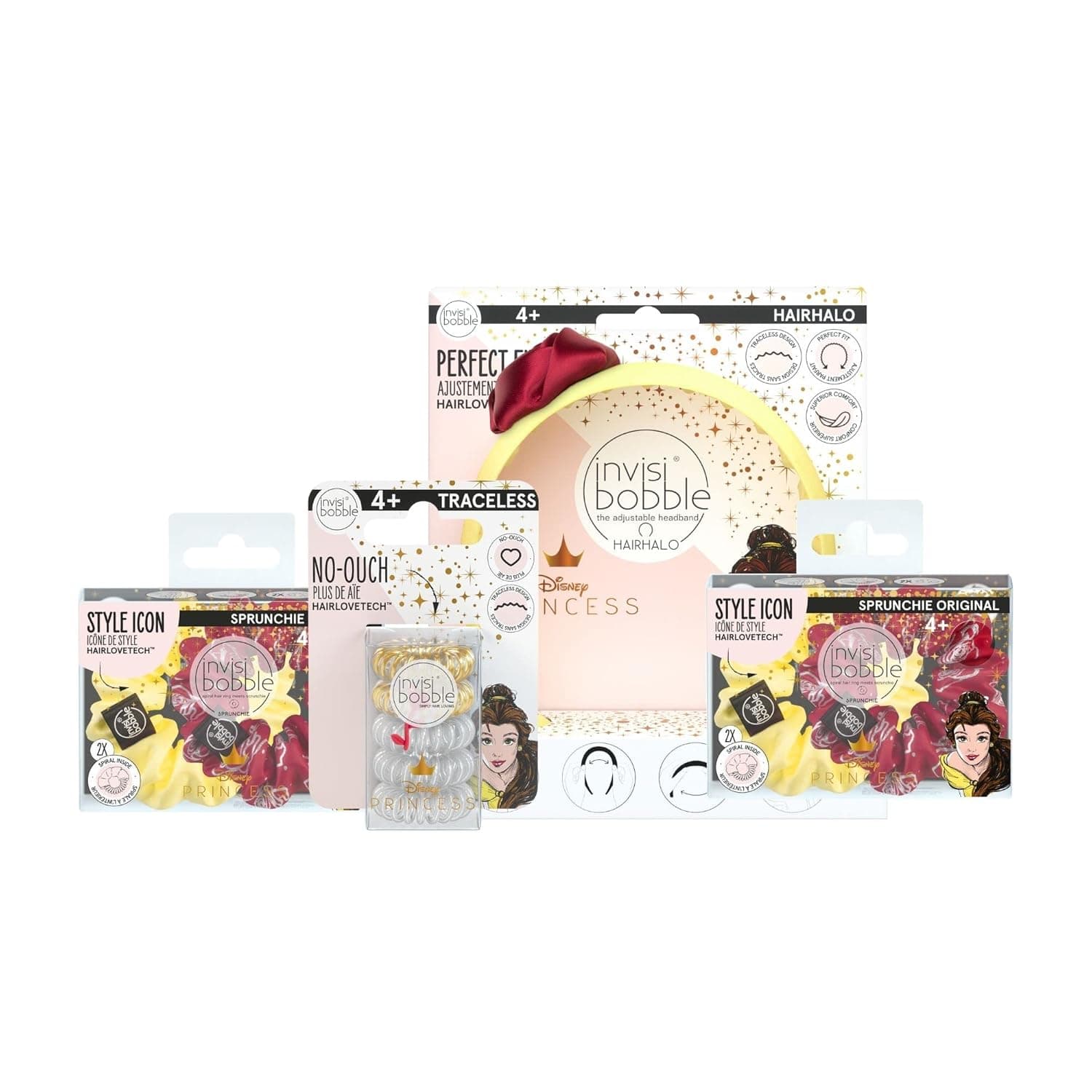 invisibobble Disney Princess Belle 10-PIece Gift Set - Spiral Hair Tie, HairHalo Headband, Sprunchie Hair Accessories for Girls