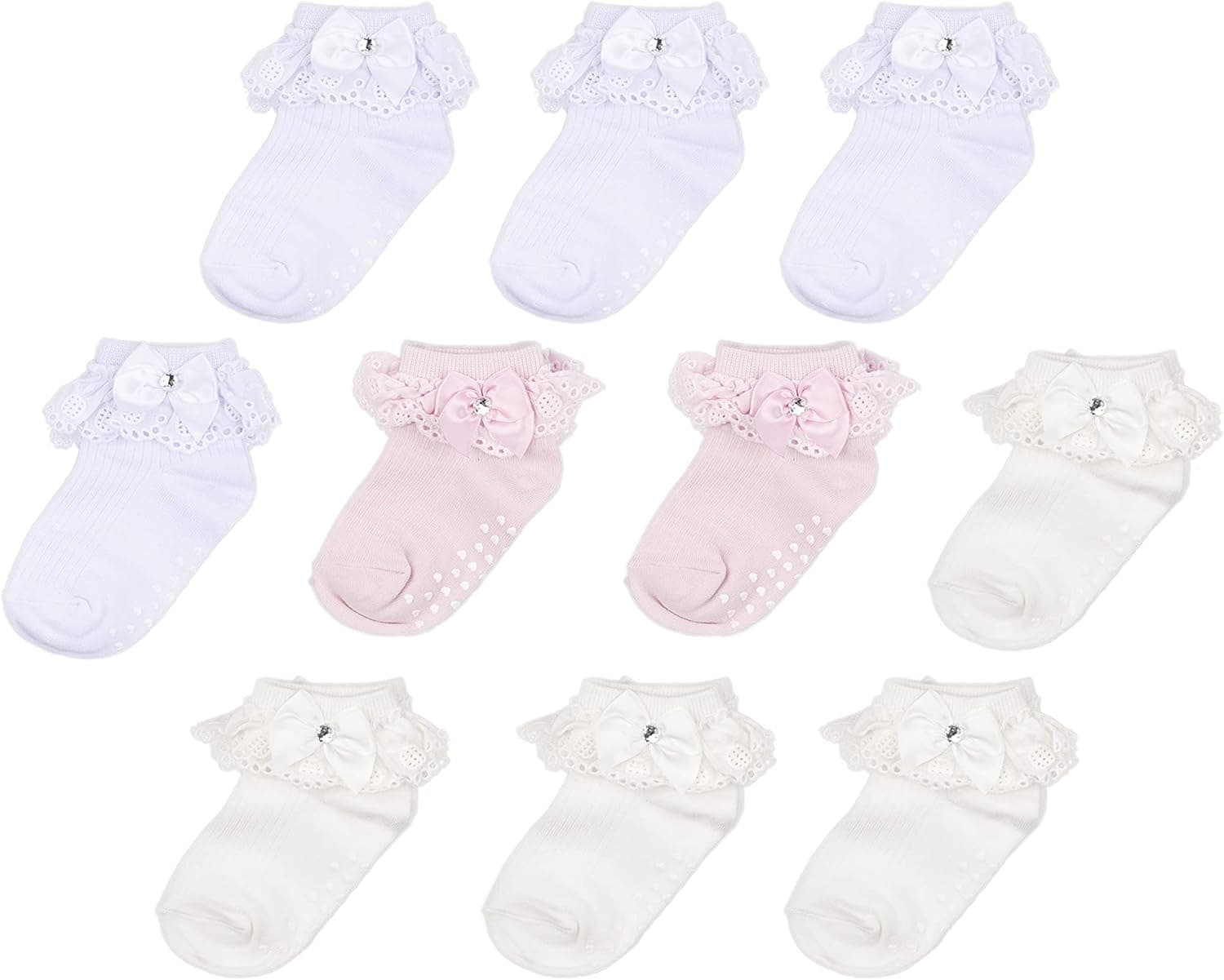 GAENAREE Toddler Little Girl Non-Slip Dressy Ribbon Cotton Lace Socks Sky-Blue Pink White 10 Pack (2i)