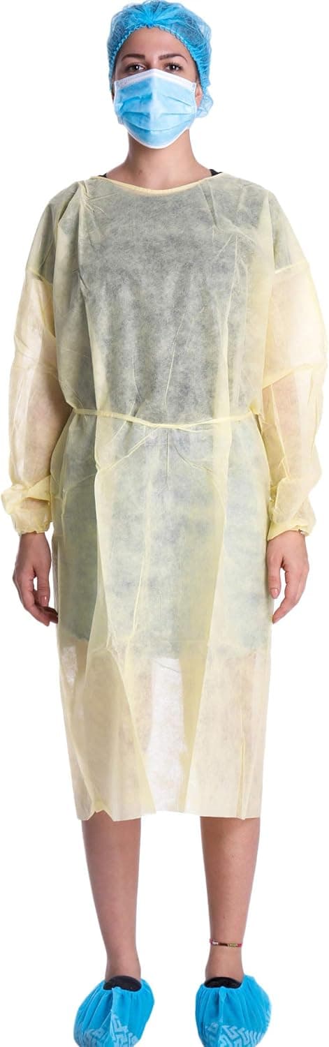 Disposable Isolation Gown Polypropylene Gown with Knit Cuff Long Sleeve Pack of 15 Yellow