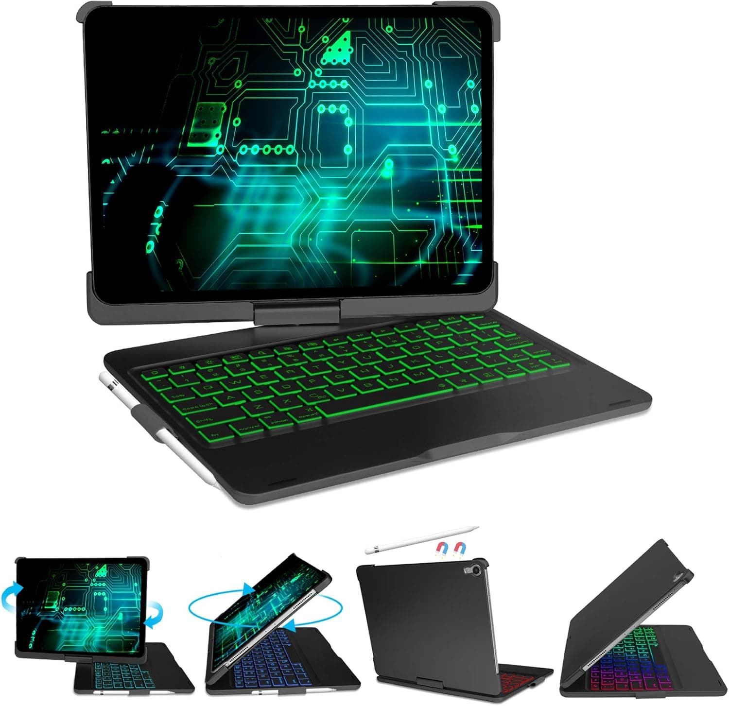 Keyboard Case for iPad Pro 11 inch–360° Rotatable Wireless Keyboard Case with 7 Color Backlit, Compatible with iPad 10.9”Air 4th Gen/iPad 11”1st Gen, Black