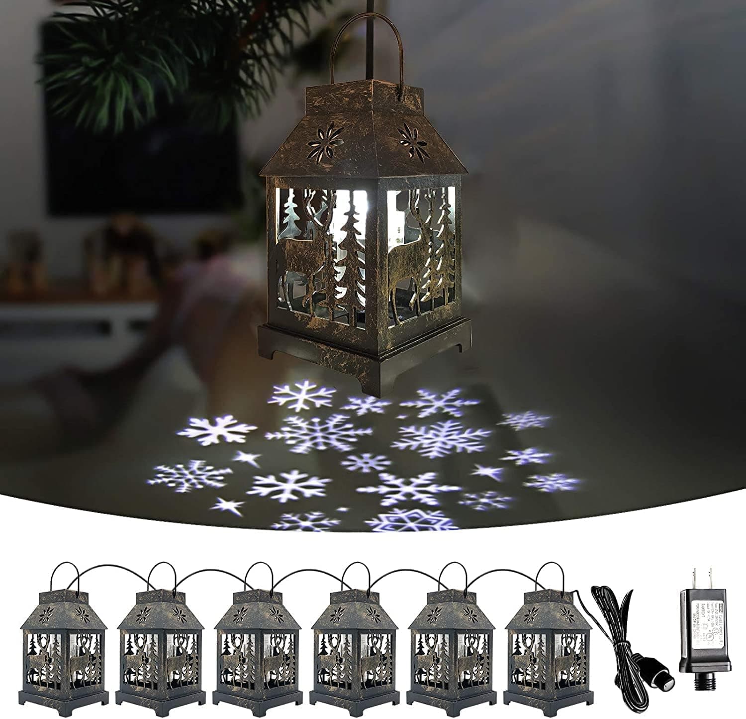 YUNLIGHTS Christmas String Lights - 22.6 Ft Snowflake Projector Lights with 6Pcs LED Lantern Projection- Plug in Hanging Lights for Indoor Outdoor Patio Bedroom Party Christmas Decorations(Copper)