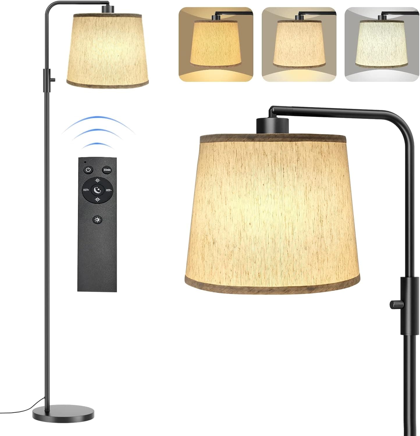 DUESI Dimmable Floor Lamp with Remote, 4 Color Temperature Modern Standing Lamp, Tall Floor Lamp for Living Room, Bedroom, Study Room, Office, with Beige Shade & 12W LED Bulb- Black