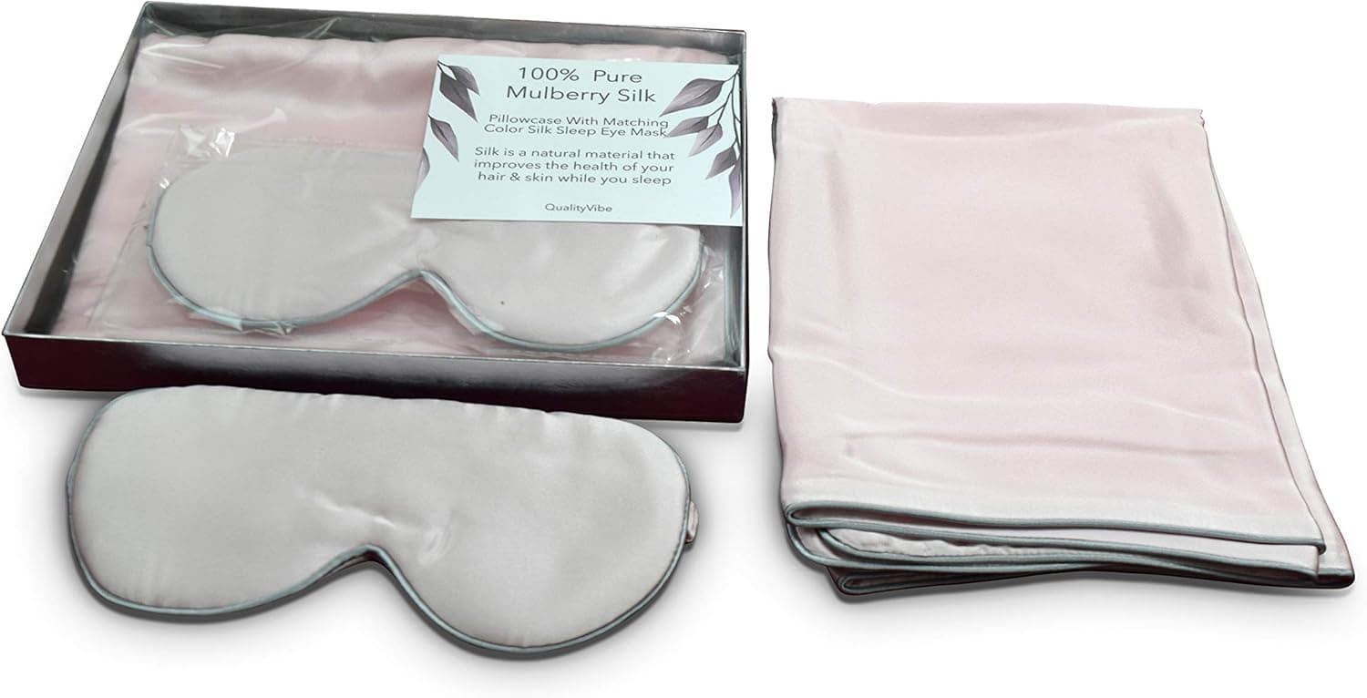 QualityVibe 100% Pure Mulberry Silk Pillowcase Queen for Hair & Skin with 100% Silk Sleep Eye Mask Gift Set. Silk on Both Sides & Hidden Zipper. (Pink)