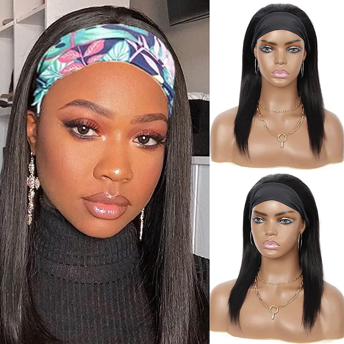 Brinbea Headband Human Hair Wig None Lace Front Straight Black Wigs for Black Women Machine Made Wigs Natural Color 150% Density (14inch)