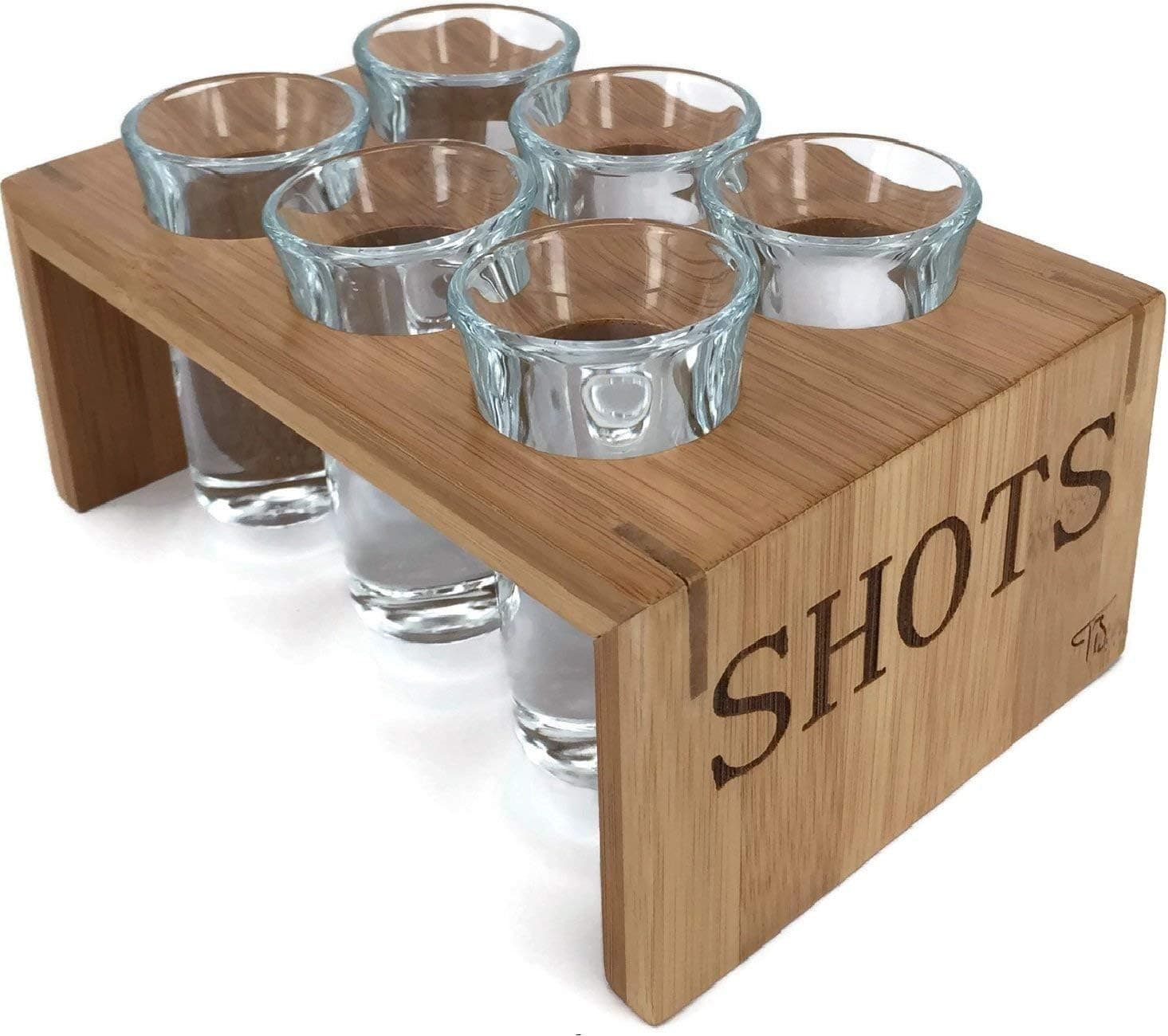 Trendy Bartender Shot Glass Set (6 Glasses) Bamboo Shot Glass Holder – 1 Oz Glasses – Glassware and Shot Stand – Professional Look – Pro or Amateur Bartenders – (Crystal Clear)