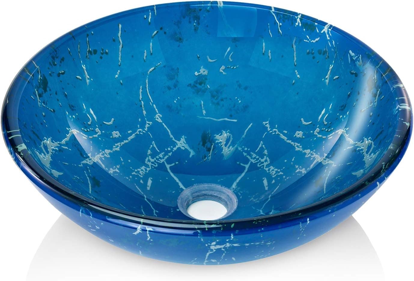 Miligore Modern Glass Vessel Sink - Above Counter Bathroom Vanity Basin Bowl - Round Blue & White