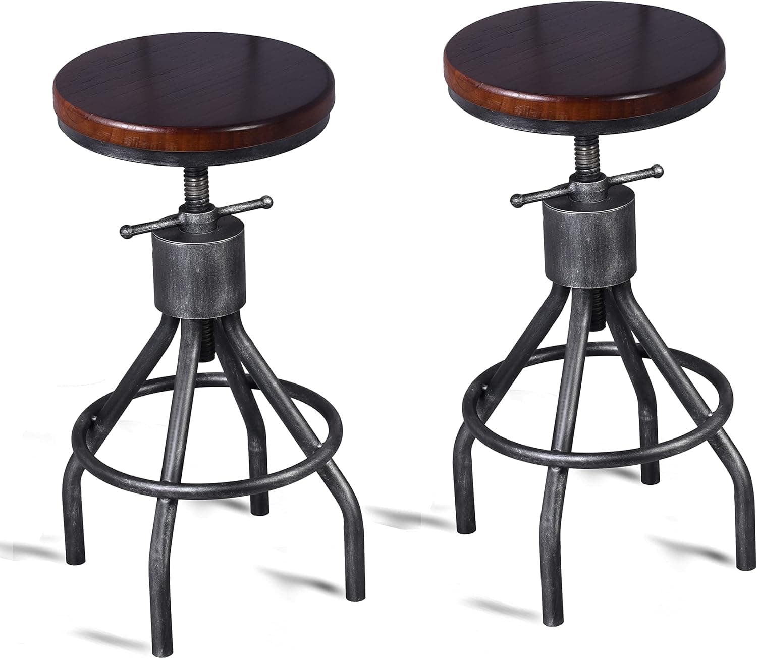 LOKKHAN Set 2 Industrial Bar Stool-Vintage Adjustable Round Wood Metal Swivel Stools-23-30 Inch Tall Counter Bar Height Farmhouse Kitchen Stools (Walnut Color)