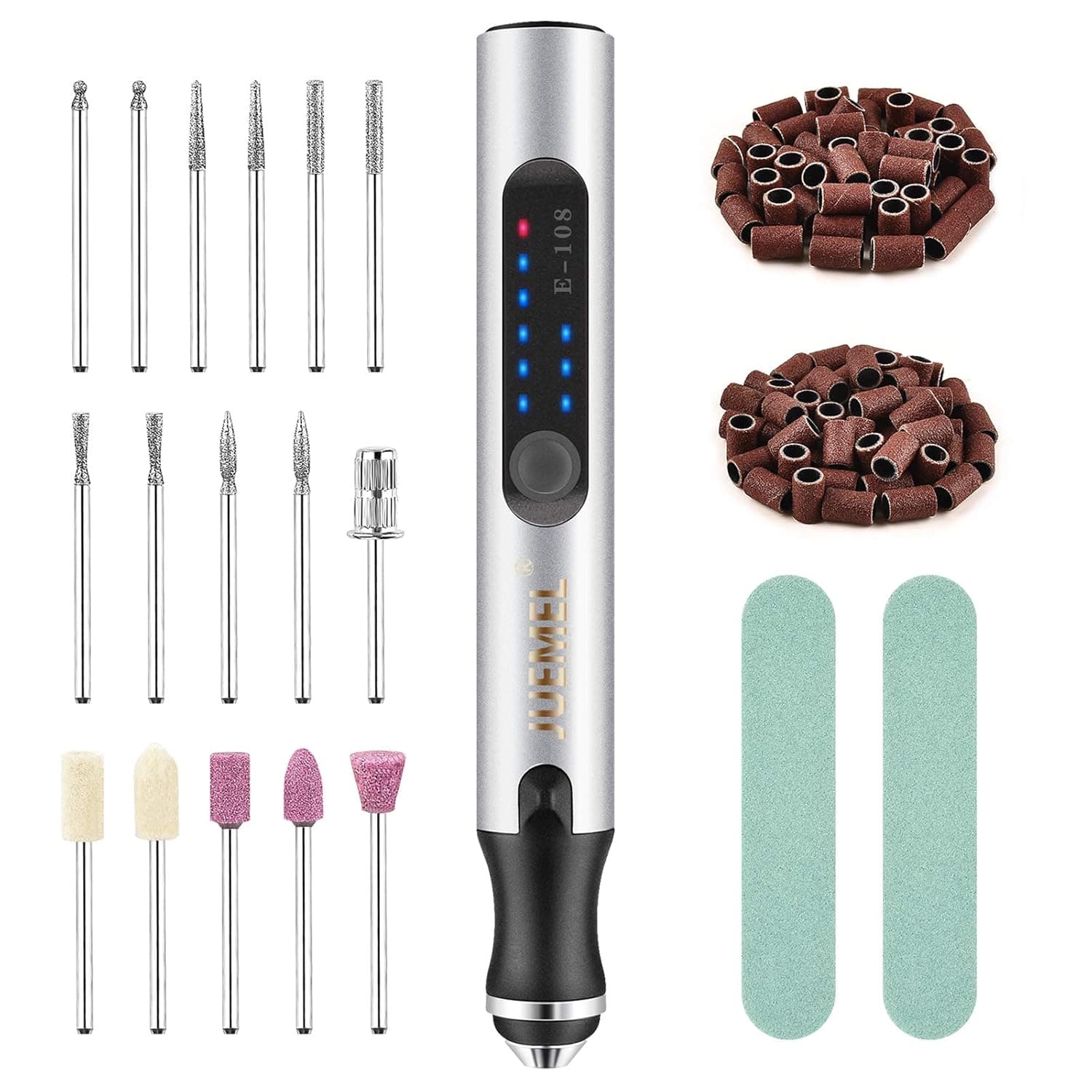 Portable Electric Nail Drill, JUEMEL Professional Nail File Kit for Gel Nails, Acrylic, Manicure Pedicure Polishing Shape Tools with 16Pcs Nail Drill Bits and 100Pcs Sanding Bands