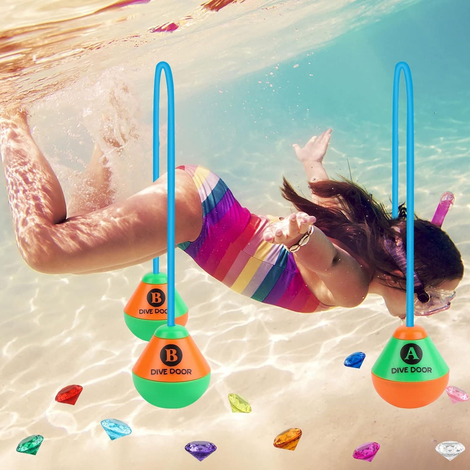 TUANTUAN 2+10Pcs Swim Thru Doors Swim Through Doors Diving Through Swim Rings Underwater Swim Toys Swimming Pool Diving Toys Pool with Acrylic Gemstones for Adult Kids