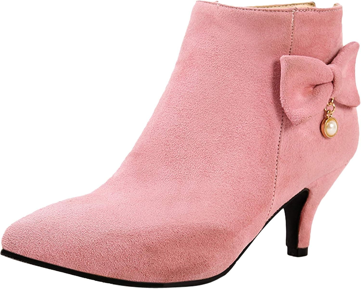 Latasa Women's Cute Bow Pointed Toe Kitten Heels Ankle Dress Boots (8, Pink)