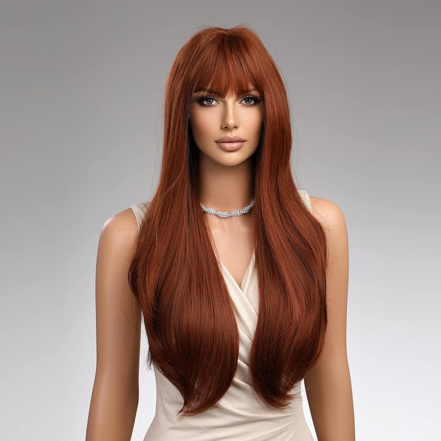 Mystylecos Long Hair With Bangs Wig Red Brown Cosplay Wig For Christmas and Halloween Holiday Color Wig Synthetic Party Wigs