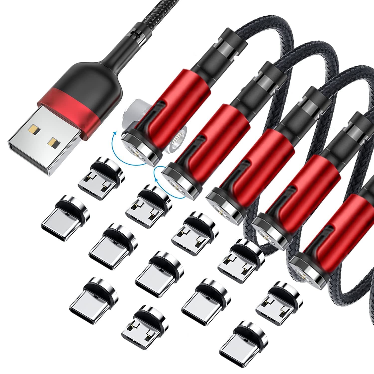 Yidawin 540° Rotation Magnetic Charging Cable, 3 in 1 Magnetic Phone Charger [5-Pack, 1.6ft/3ft/3ft/6ft/10ft] Fast Charging USB Magnet Charger Cable for iProduct/Micro USB/Type C Device