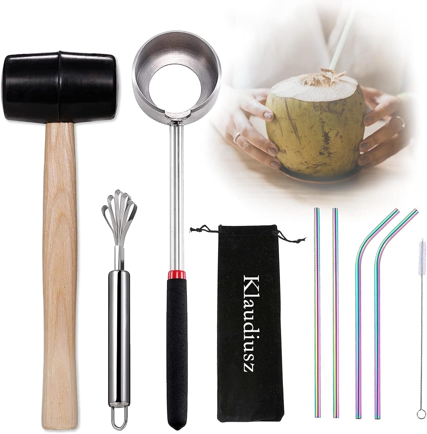 Klaudiusz Coconut Opener Set, Food Grade 304 Stainless Steel Coconut Opener Tool for Young & Mature Coconuts with Rainbow Stainless Steel Straw & Brush
