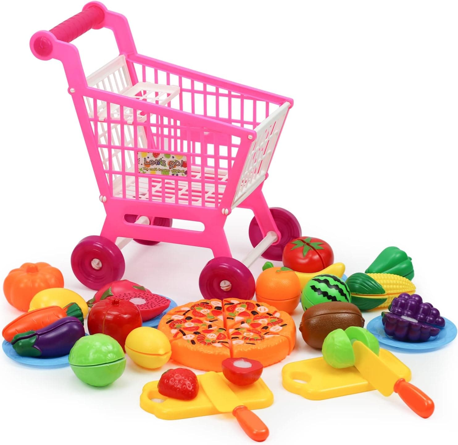 Play Food Set with Shopping Cart, Various Slicing Fruit Toy Plastic Colorful Vegetables Dishes Pretend Food Educational Cutting Food Toys for Toddlers Preschool Outdoor or Indoor (H02)