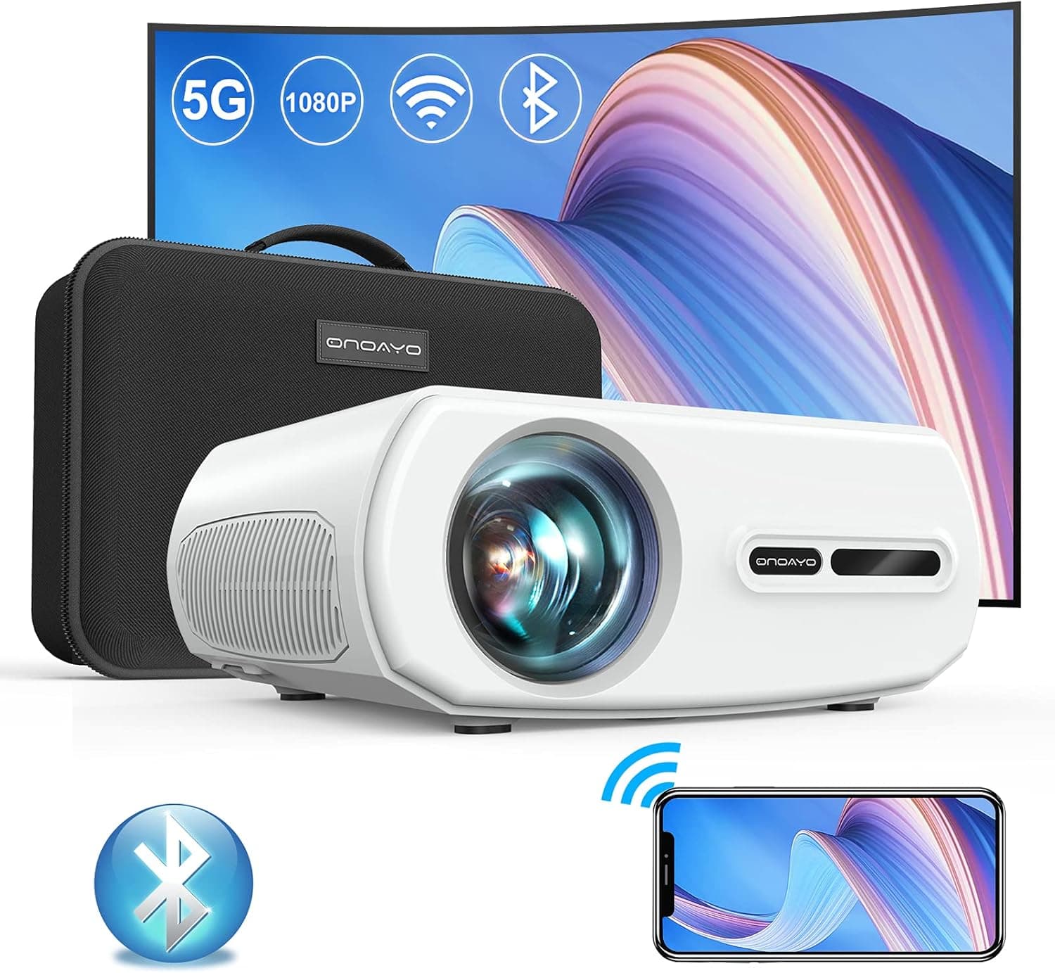 Projector with 5G WiFi and Bluetooth: 480 ANSI Outdoor Projector-4K Support 18000L 400" Native 1080P ONOAYO, ±50°4D Auto-V Keystone & Zoom Sealed Home Movie Portable Mini Projector for Phone, PC