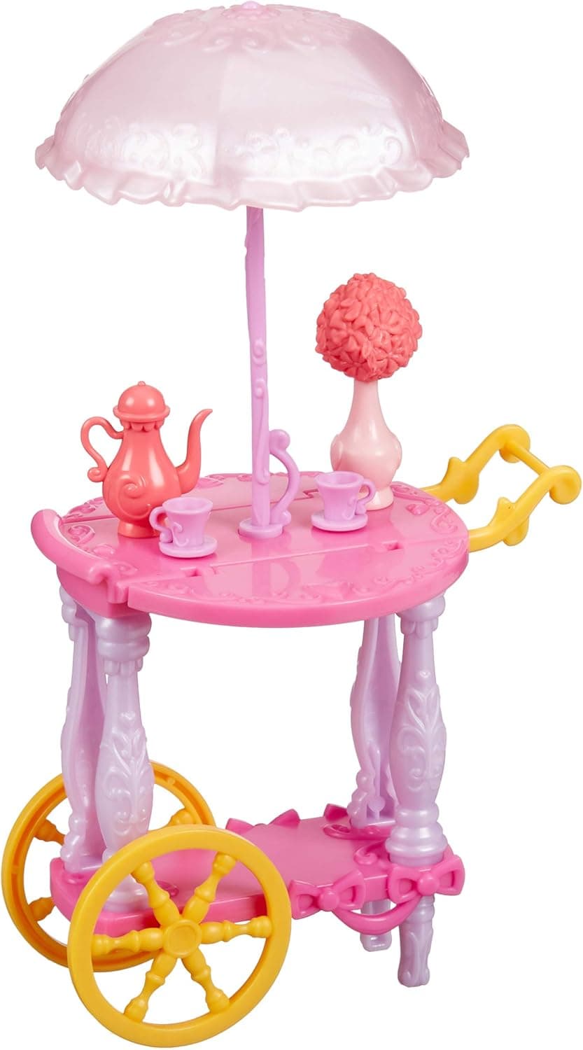 Disney Princess Tea Cart for Dolls, with Tea Cups, Tea Pot, Flower Vase, and Umbrella, Toy for Girls 3 and Up