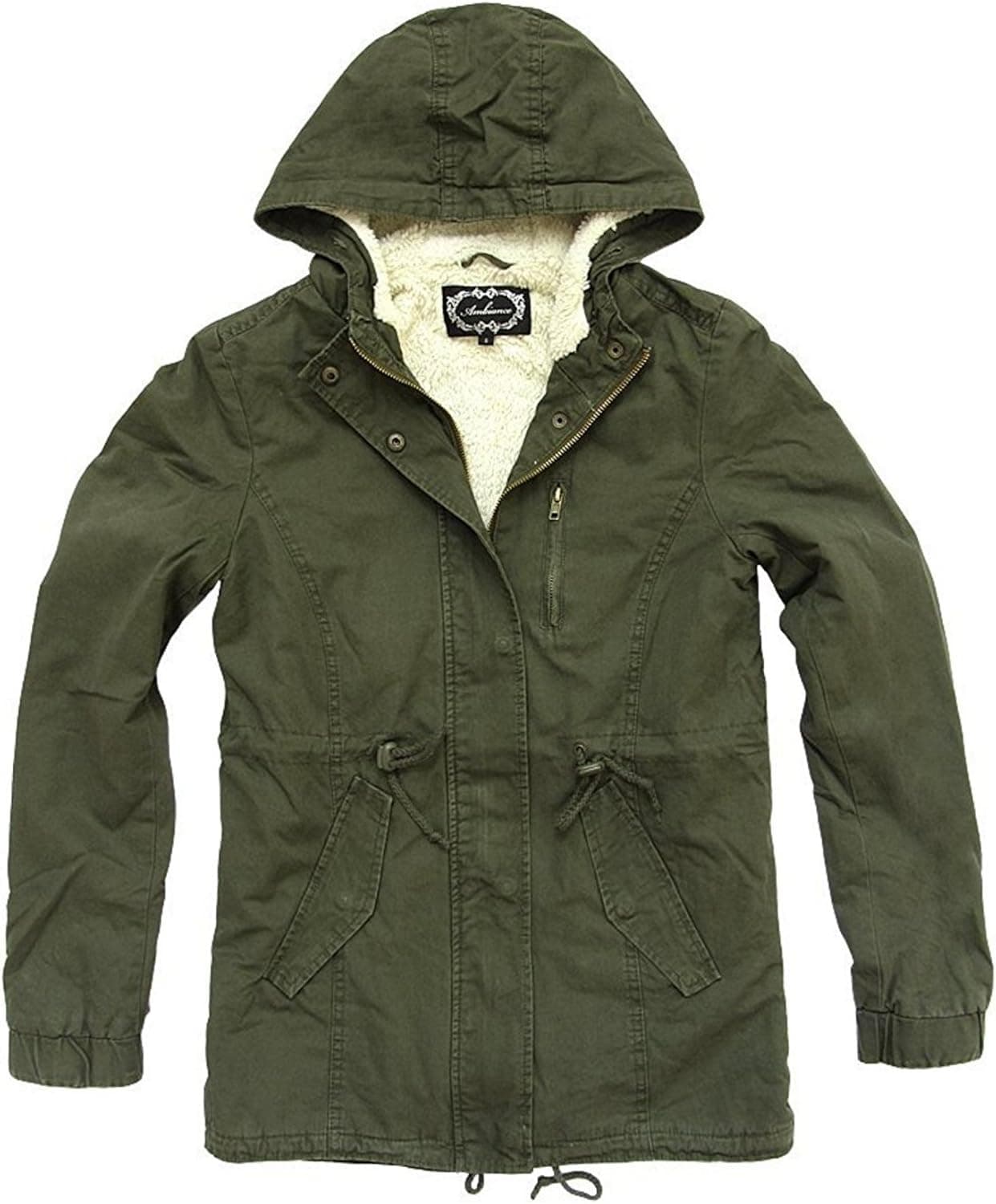 Ambiance Women's Military Army Hooded Sherpa Lining Drawstring Parka Jacket Coat