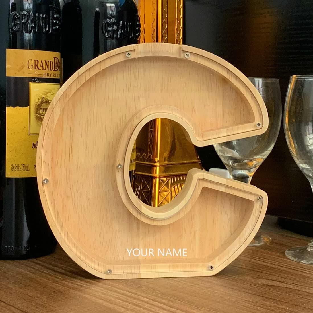 CLPONE 26 Letters Personalized Coin Bank Kids Piggy Bank Laser Custom Name Wood Letter Piggy Banks