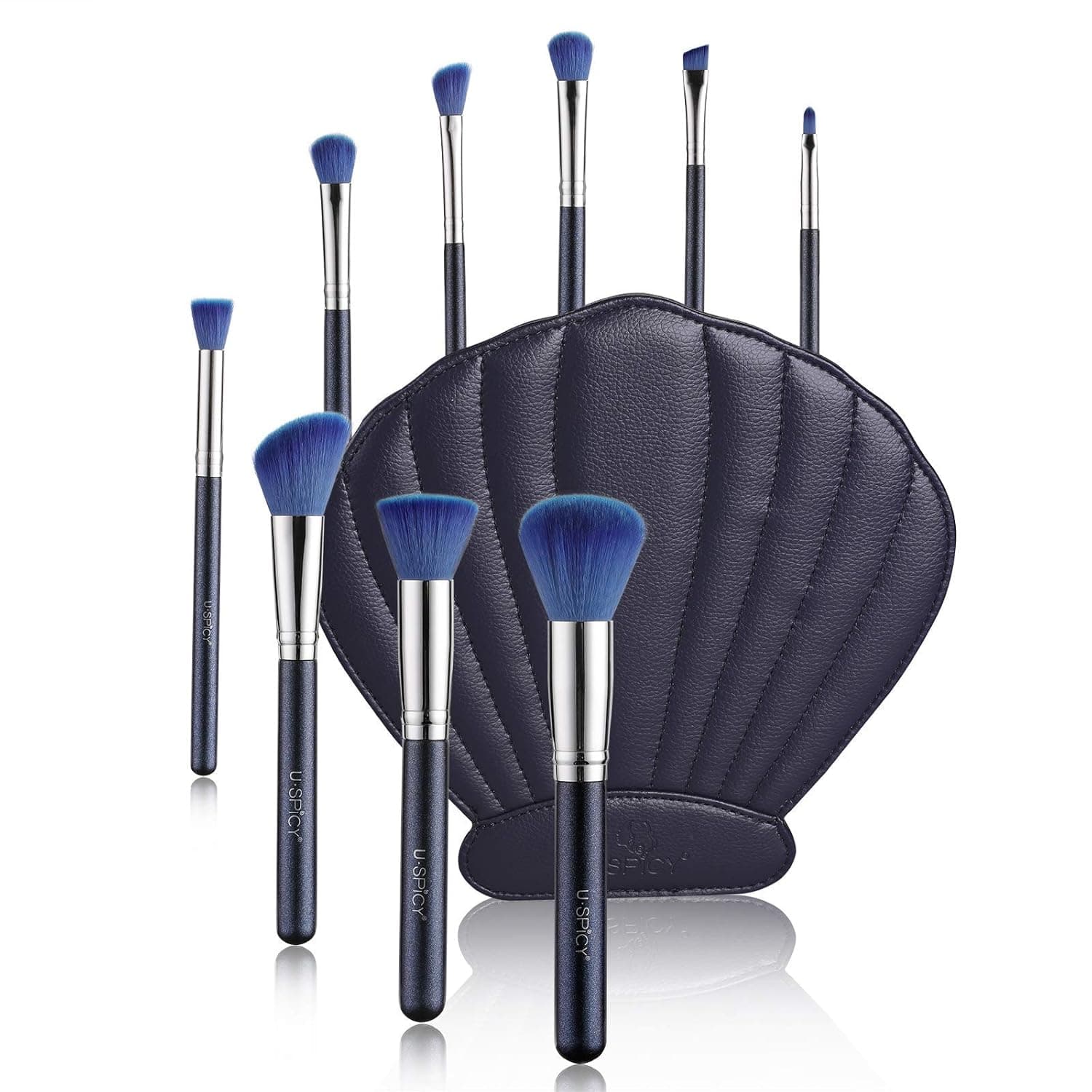 Makeup Brushes, USpicy 10 Pieces Professional Makeup Brush Set with Seashell Shaped PU Leather Case (Soft Synthetic Fiber for Uniform Application of Blush, Creams, Liquids, Contouring & Powders)-Blue