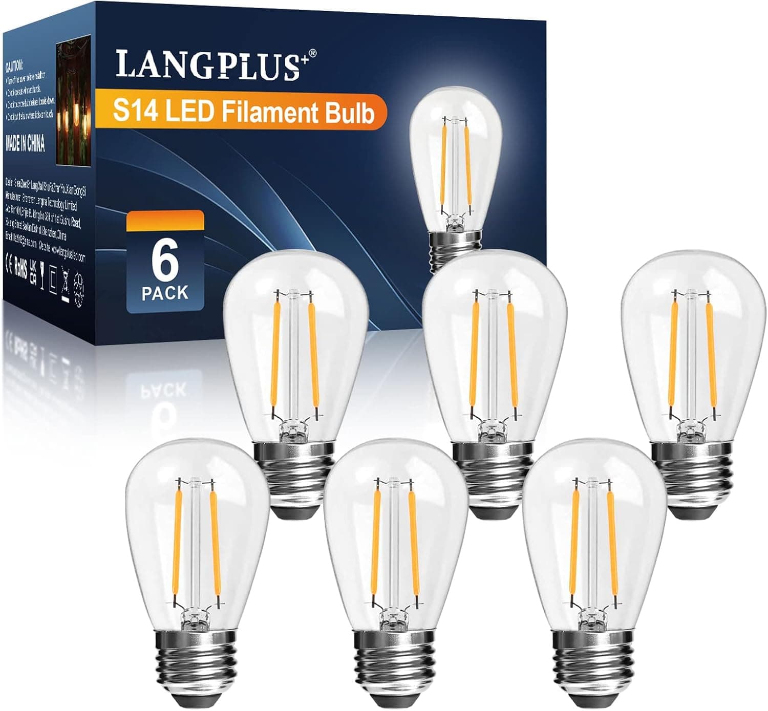 LangPlus+ S14 LED Bulbs for Outdoor String Lights Replacement, E26 Medium Screw Base, 2700K Warm White, LED Edison Bulbs 2 Watt to Replace 11w/20w/25w s14 Incandescent Bulbs, 6Pack