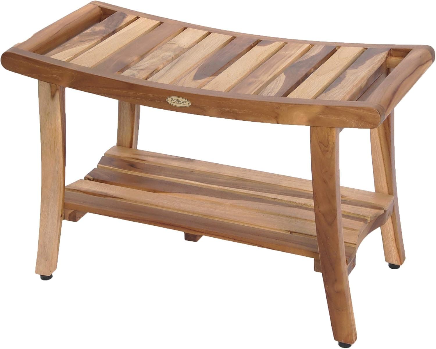 EcoDecors Harmony Teak Shower Bench 30" Long Natural Wood Shower Bench with Shelf and LiftAide Arms Shower Stool in Earthy Teak Finish for Indoors and Outdoors