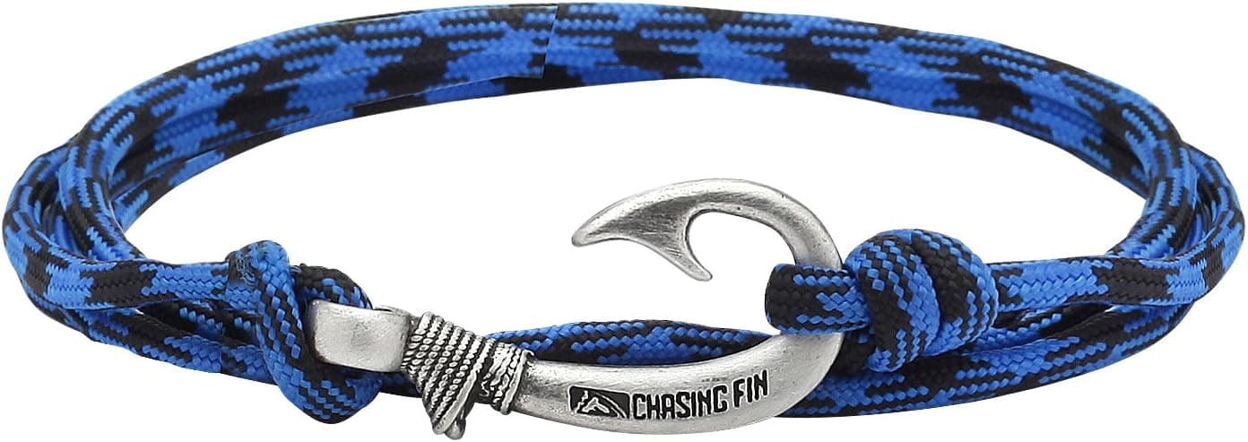 Chasing Fin Fish Hook Pendant Bracelet - Cool 30-Inch Military-Grade 550 Paracord Bracelet & Anklet - Adjustable Size, 100% Nylon Nautical & Fishing Accessory - J-Hook Pendant, Pewter