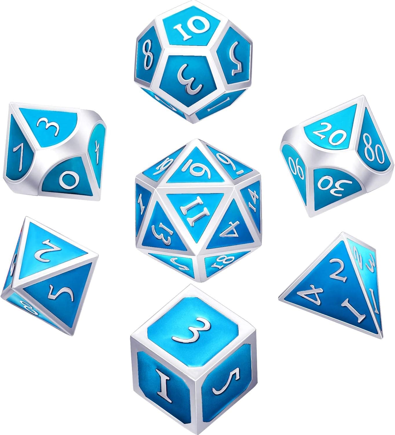Hestya 7 Pieces Metal Dices Set DND Game Polyhedral Solid Metal D&D Dice Set with Storage Bag and Zinc Alloy with Enamel for Role Playing Game Dungeons and Dragons (Pearl Cerulean)