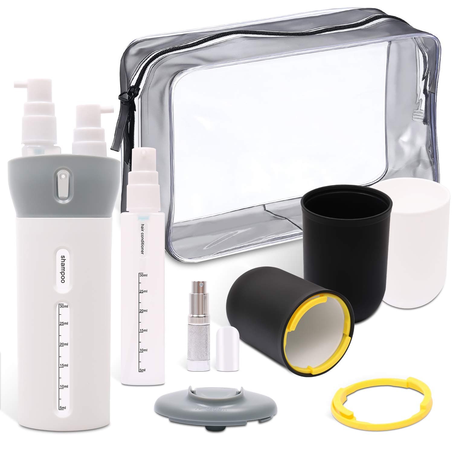 Travel Toiletry Organizer Bathroom Storage Kit,4in1 Travel Dispenser Bottle + Clear Cosmetic Bag + Toothbrush Cup Toothpaste Towel Holder + Perfume Atomizer Spray Bottle,Portable Toiletries Trips Case