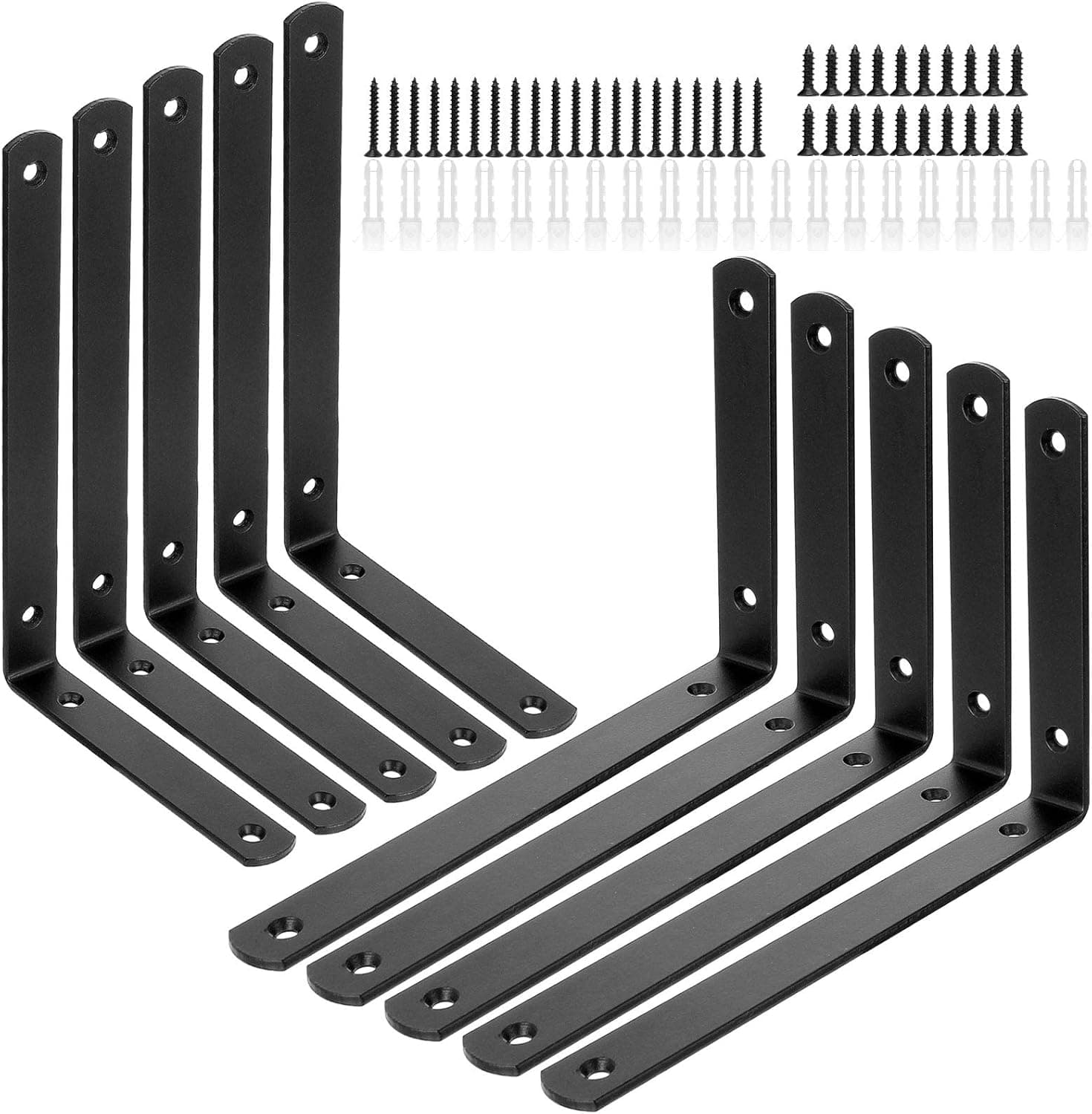 10Pcs Black L Corner Brace, 7”x 4.7” Heavy Duty Shelf Bracket for 8Inch Lumber Boards, Metal Iron L Corner Brackets, Decorative Joint Angle Bracket with Screw for Shelf, Wood, Furniture, Shelves
