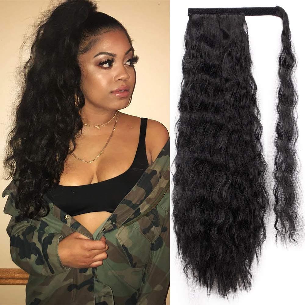 22 Inch long wavy Ponytail Extension Synthetic Wrap Around Ponytail Magic Paste Yaki Ponytail Corn Wave Ponytail Extensions Black HairPiece curly hair ponytail extension for black women(1B#)