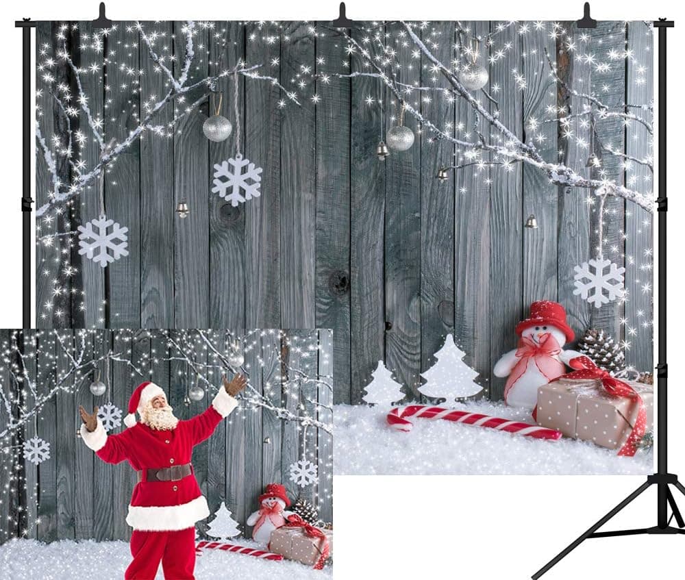 DePhoto Christmas Backdrop Gray Wood Board Winter Snowman Santa Gifts Vinyl Seamless Photography Photo Background Studio Prop SDJ002KB 9x6ft