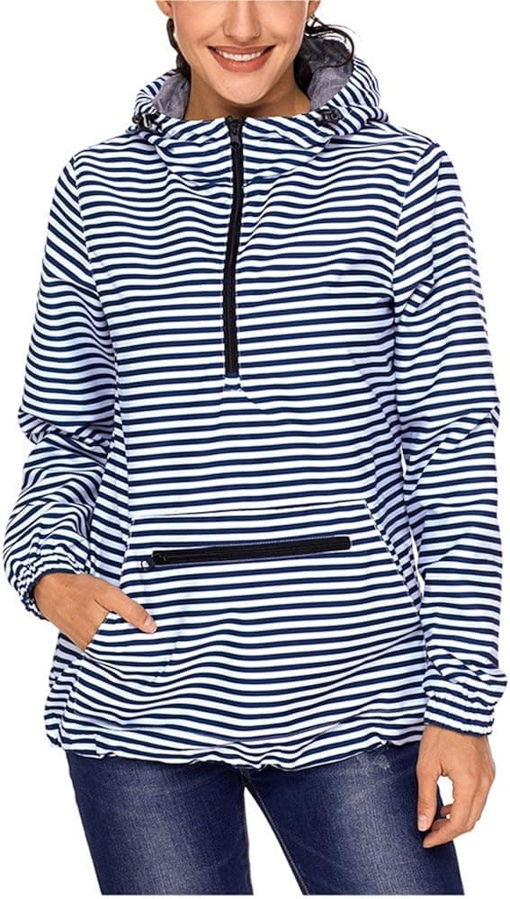 Lrady Women's Raincoat Active Outdoor Waterproof Rain Jacket Hooded Windbreaker, Striped, Small