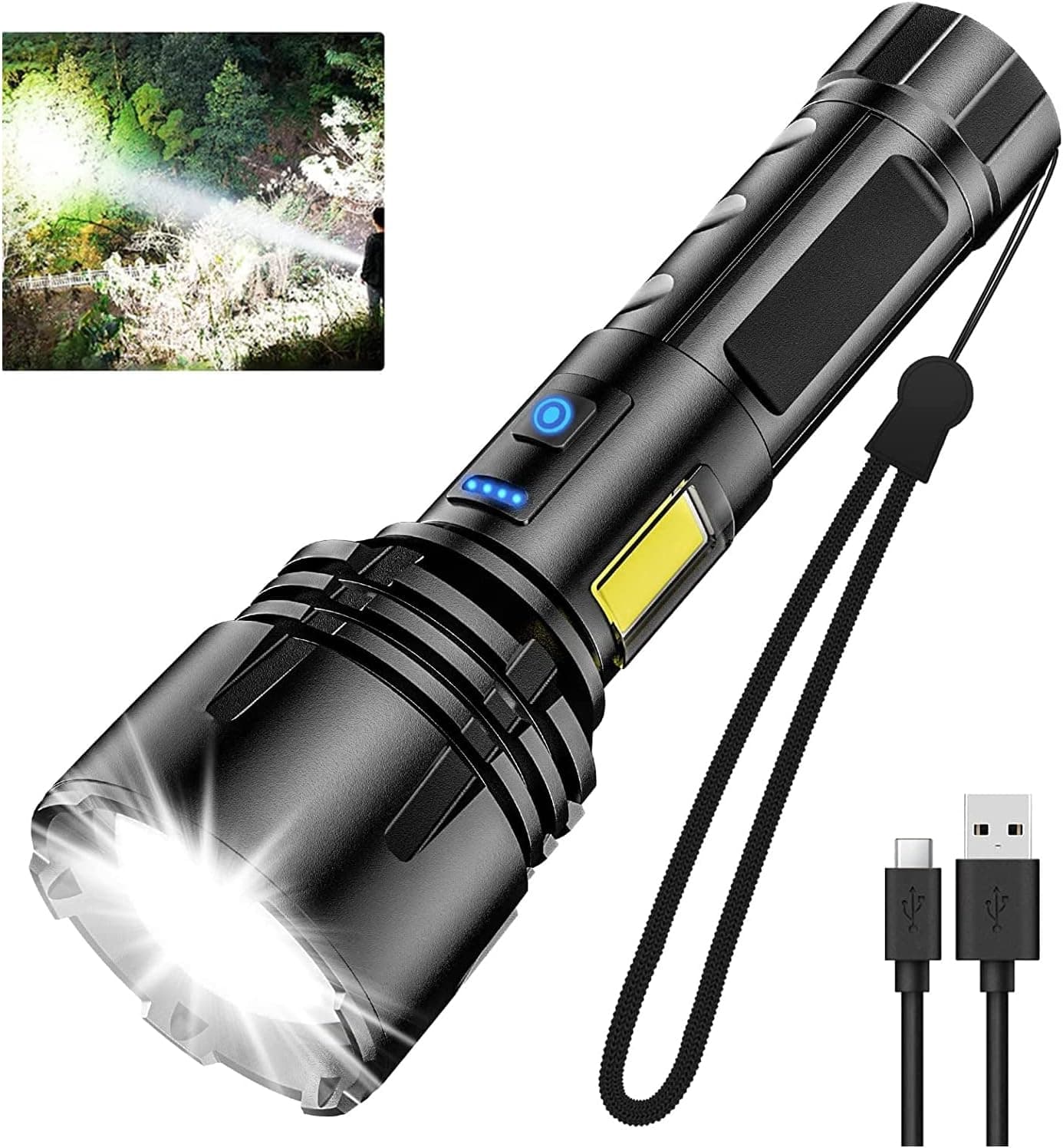 Hoxida Powerful Rechargeable Flashlight 90000 High Lumens, XHP70.2 High Powered Super Bright LED Tactical Flashlight with COB sidelight, Zoomable, Waterproof, 7Modes Tactical Flashlight for Emergency