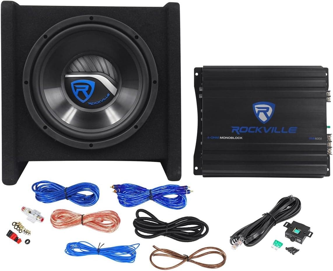 Rockville RV10.1A 500w 10" Loaded Car Subwoofer Enclosure+Mono Amplifier+Amp Kit