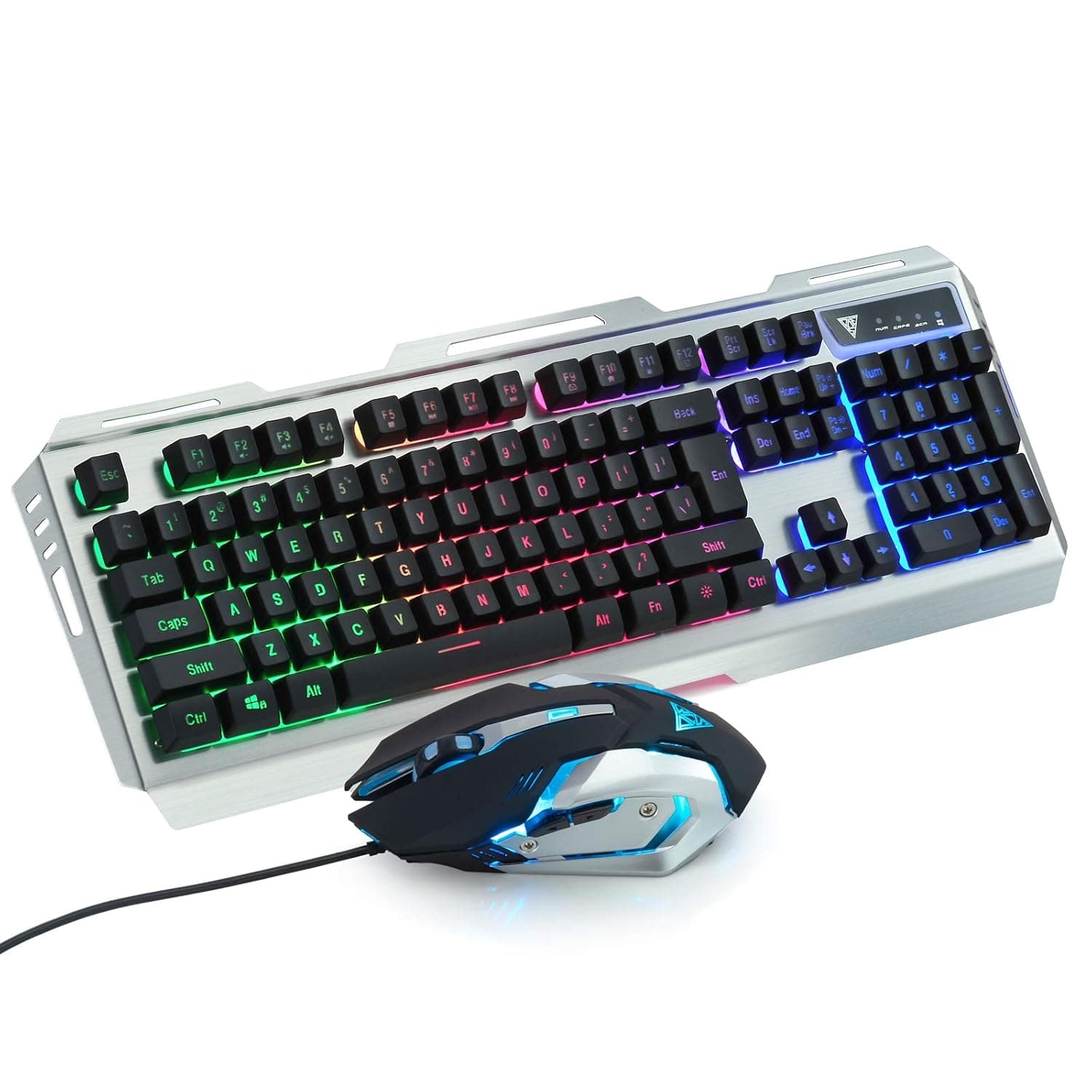 Wired Water-resistance Gaming Keyboard and Mouse Combo with 7 LED Backlit Model,Metal Plate, Quick Response, Ergonomic Design for Professional Gamers（104 keys, Silver）