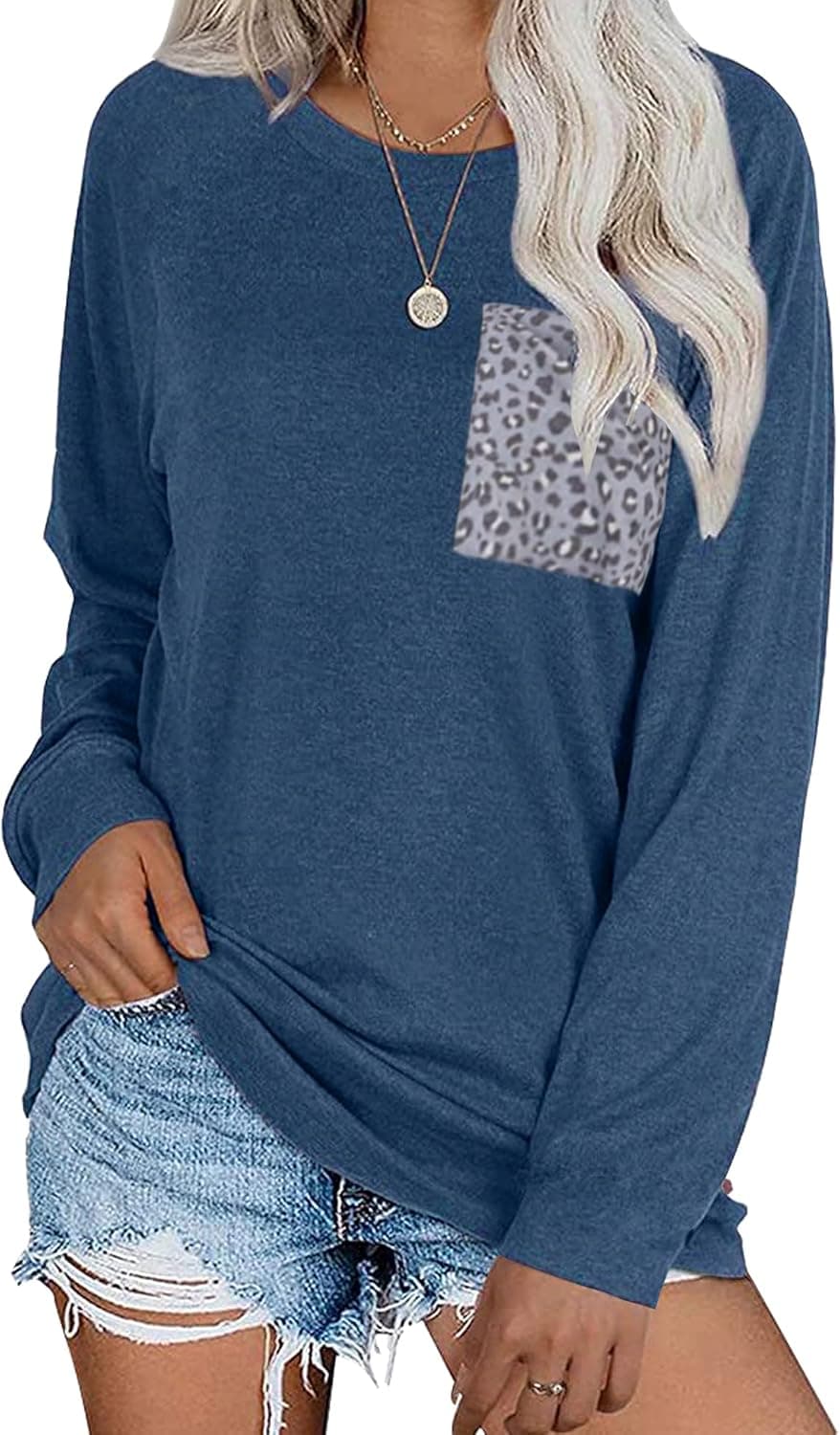 LOLLO VITA Women's Tunic Tops Oversized Casual Long Sleeve Shirt Off Shoulder Leopard Pocket Pullover Sweatshirt Blue