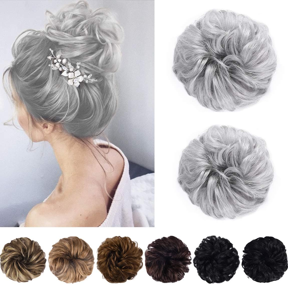 SEIKEA Messy Bun Hair Piece Tousled Thick Updo Hair Scrunchies Hair Extensions Curly Wavy Ponytail Hairpieces with Elastic Rubber Band Hair Accessories 2PCS - Silver Gray