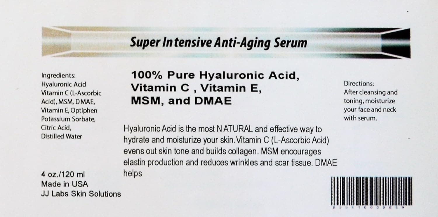 Super Intensive Anti-Aging Serum, 100% Pure Hyaluronic Acid, Vitamin C, Vitamin E, MSM, and DMAE (4oz)