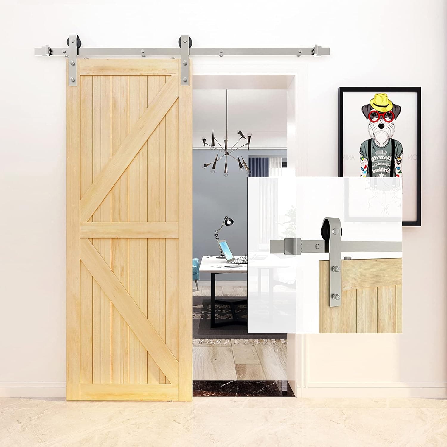 JUBEST Satin Nickel Sliding Barn Door Hardware Kit Single Door Flat Track Kit J Shape Roller 5.5FT