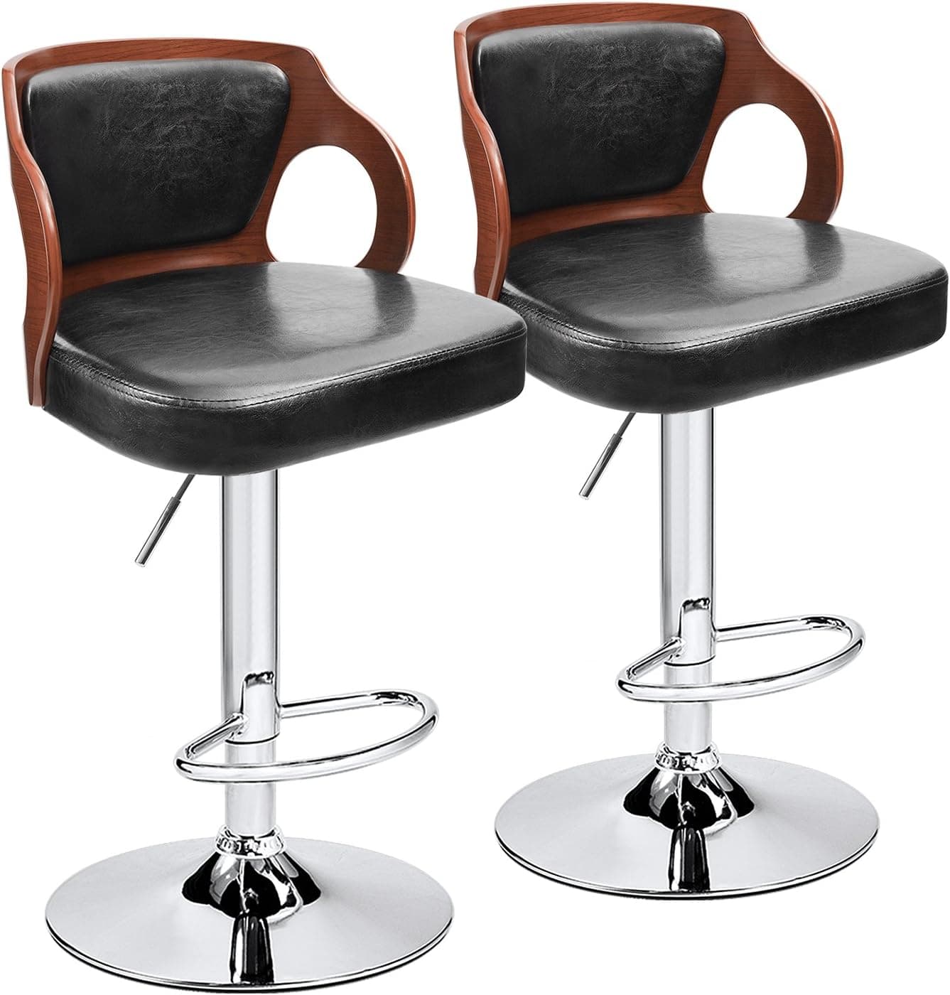 Homall Bar Stool Walnut Bentwood Adjustable Height Leather Bar Stools with Black Vinyl Seat Extremely Comfy with Seat Back Pad Walnut Set of 2